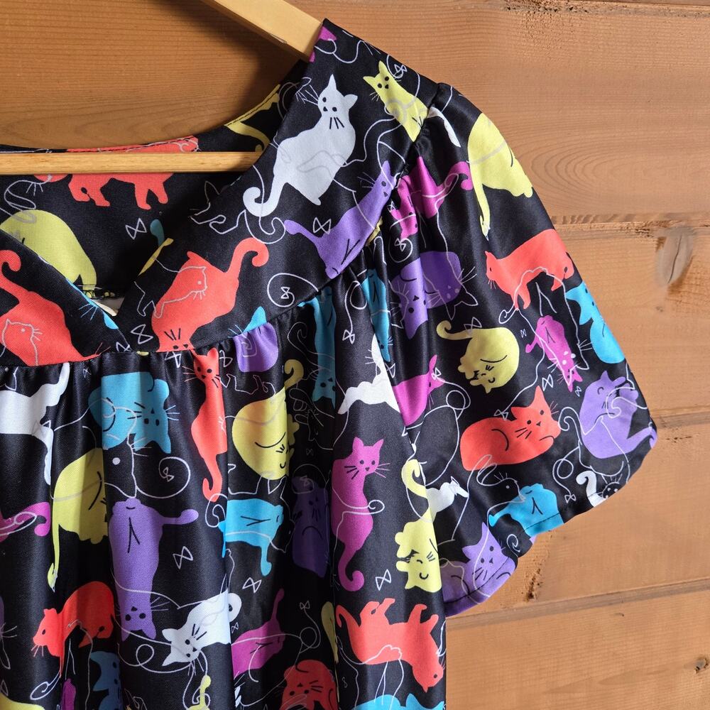 Vintage Cat Dress Mumu Rainbow Midi Pajama Sleep Top Kitty Short Sleeve M Retro - Picture 2 of 5